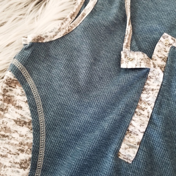 Spring Snap Button Waffle Knit Tank Top Blue Gray Summer Henley Tanks - Picture 9 of 10